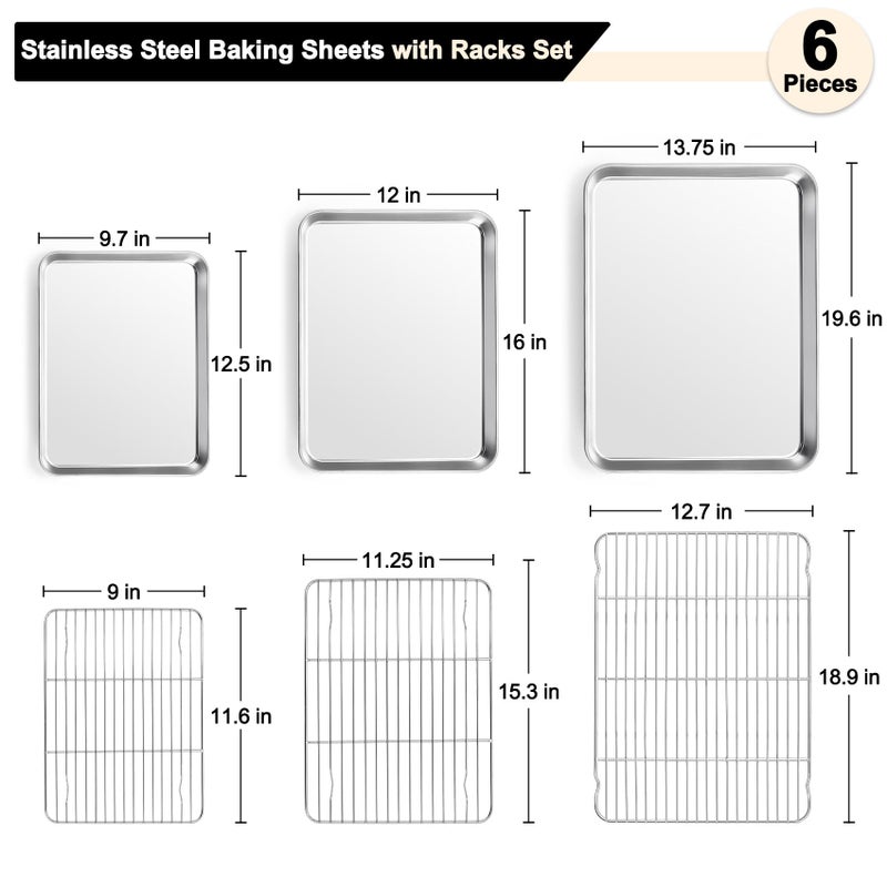 TeamFar Baking Sheet with Rack Set (3 Pans + 3 Racks), 19.6/16/12.5 Inch Stainless Steel Cookie Sheets Baking Pans Trays and Cooling Racks for Cooking Roasting, Non-Toxic & Heavy Duty, Dishwasher Safe - Image 2